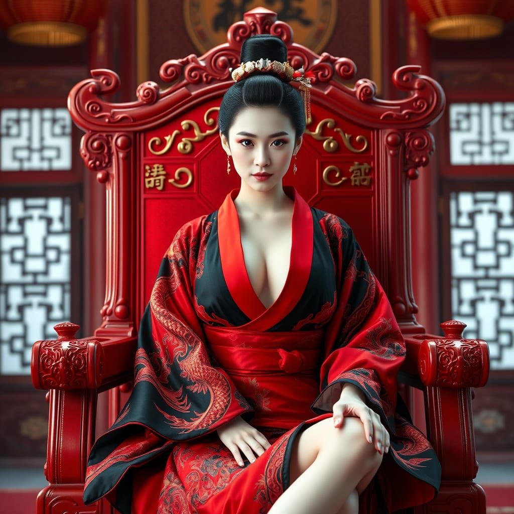 Regal Geisha on Throne in Far Eastern Room