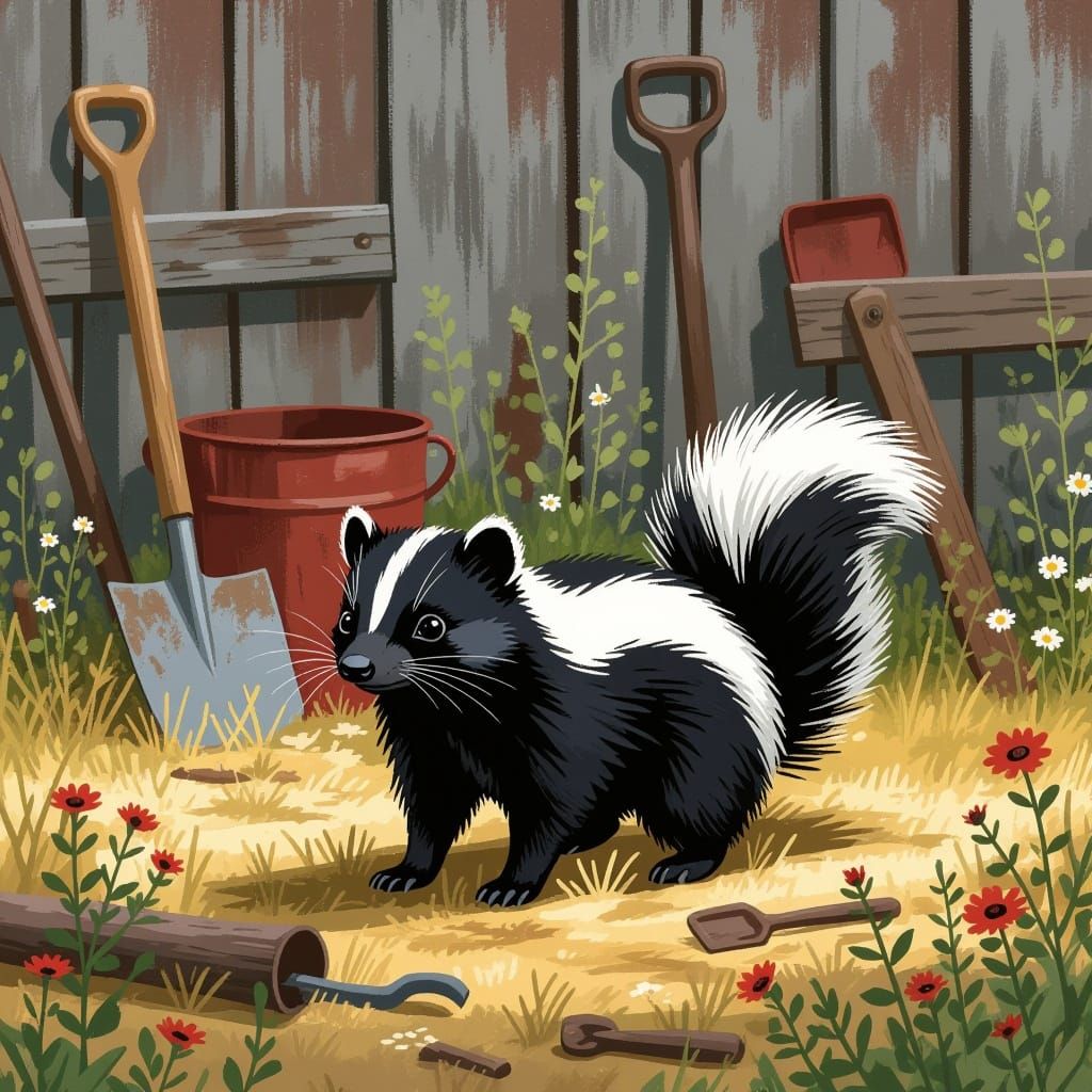 Rustic Skunk Amidst Vintage Farm Tools