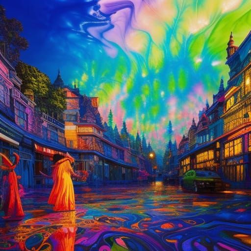 Tie-Dye Hippies in Marbled Gouache Illustration