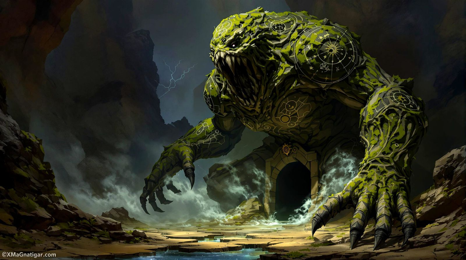Ancient Golem Guards Mystical Portal in Dark Fantasy Style