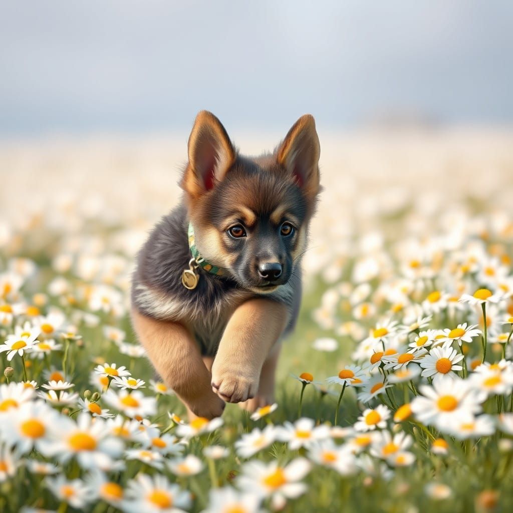 German Shepherd Puppy Explores Vibrant Daisies in 3D Anime S...