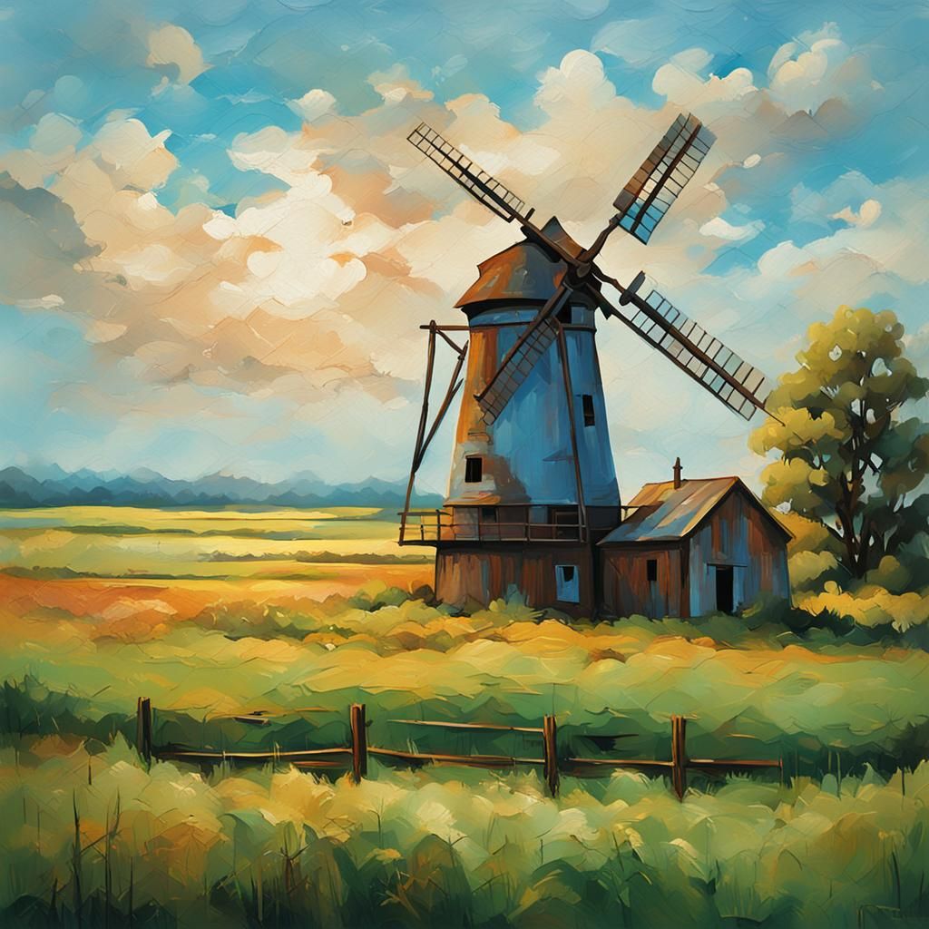 Rustic Windmill in Field as Oil Painting