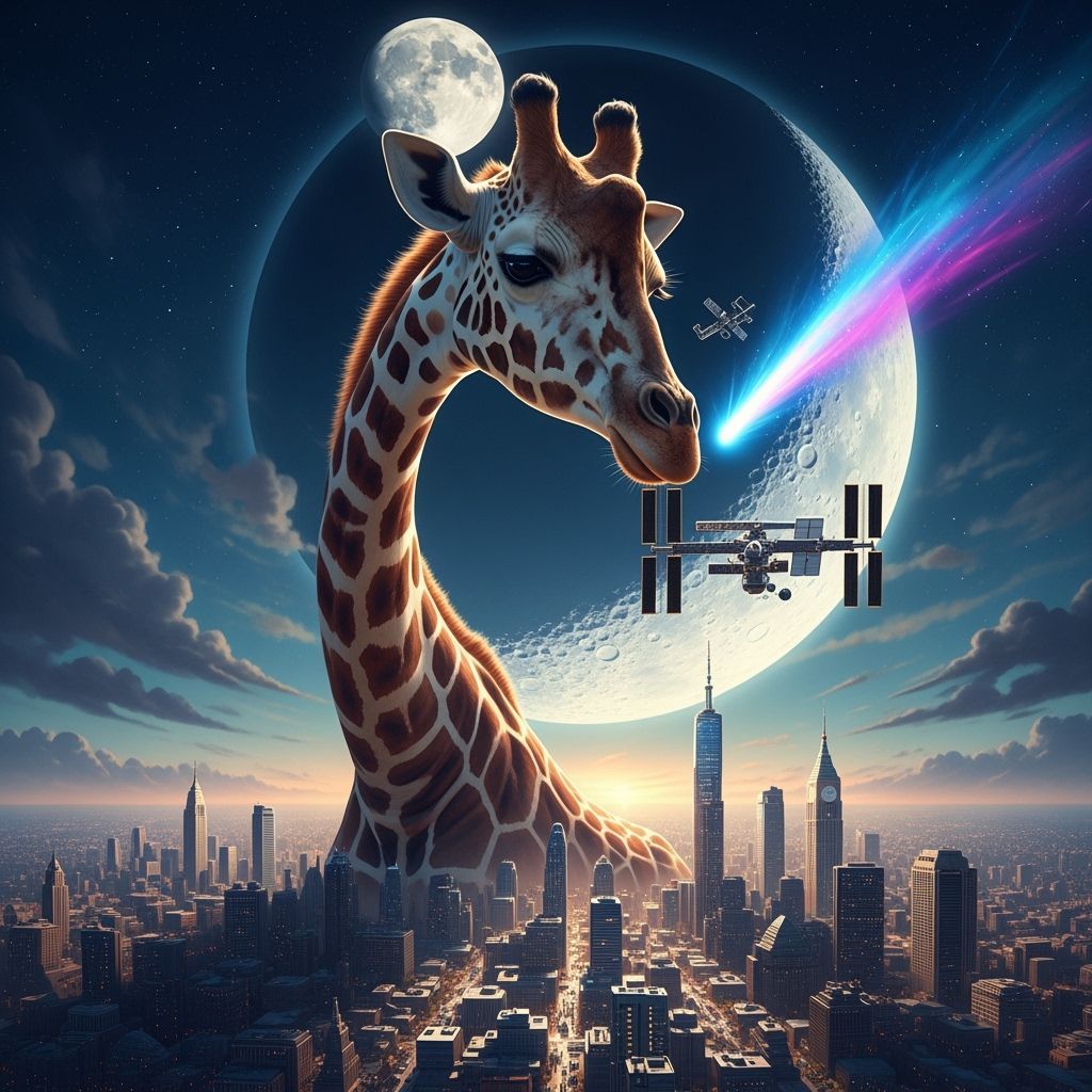 Giant Giraffe Reaches Moon Over Miniature Cityscape