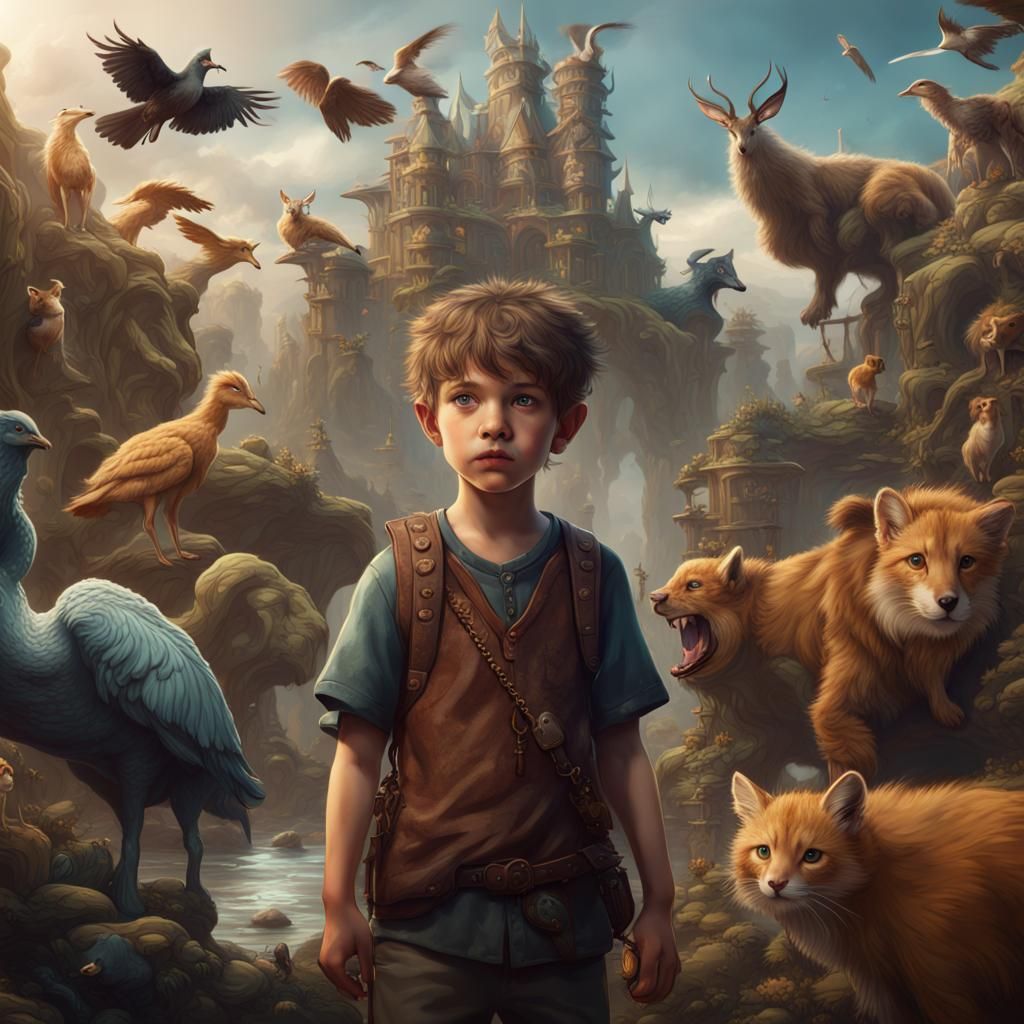 Boy Surrounded by Animals in Detailed Matte Painting