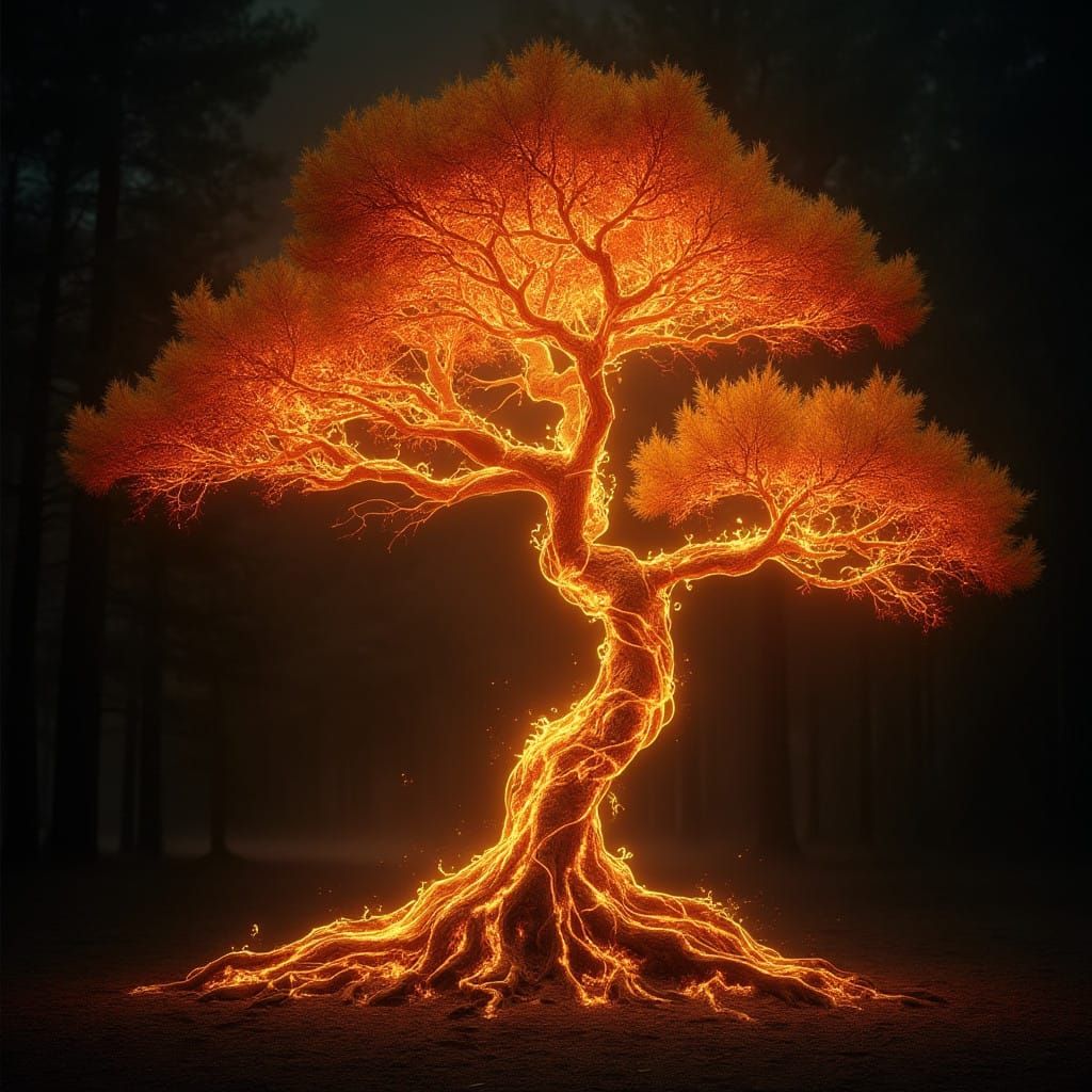 Ethereal Red Pine Tree of Glowing Gold