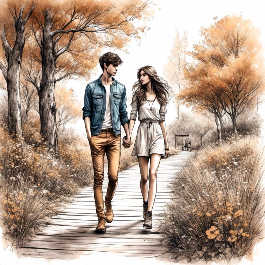 Detailed Sketch Portrait of Teens in Park