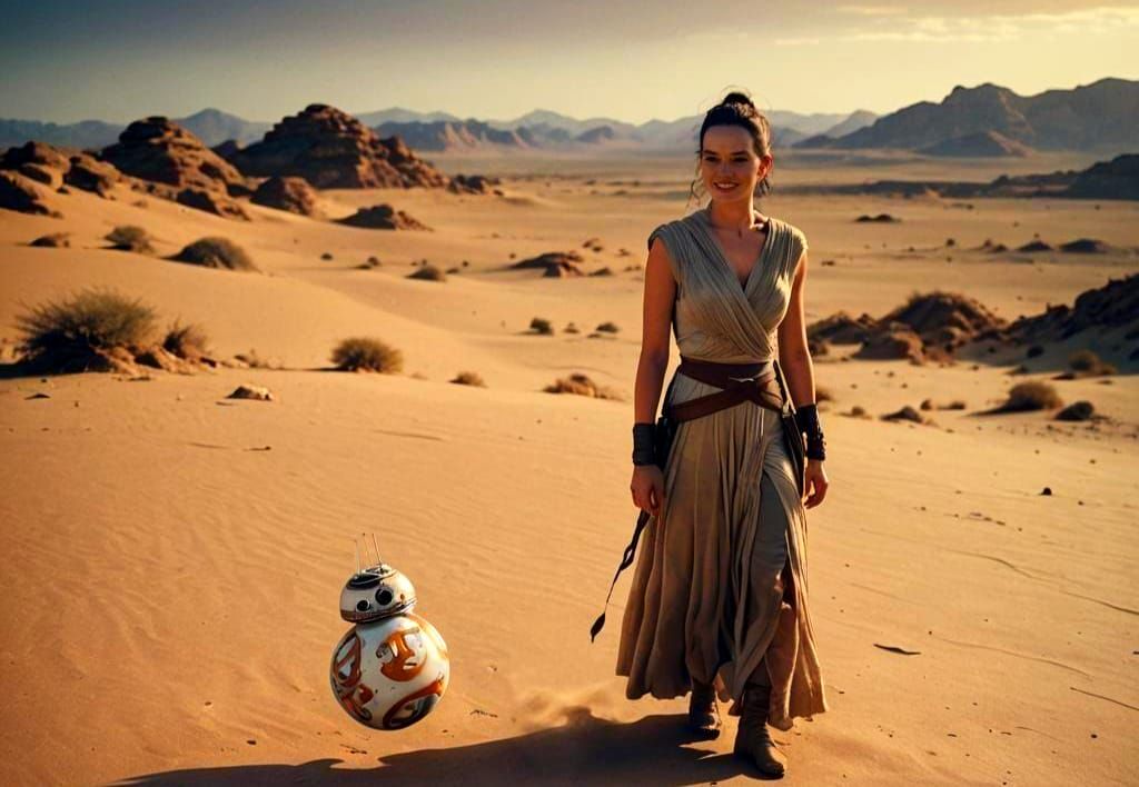 Rey and BB8 in Epic Cinematic Film Still