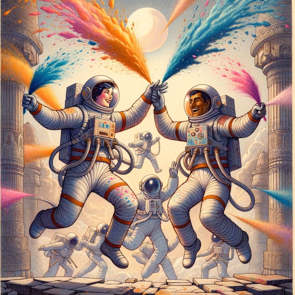 Whimsical Astronauts Celebrate Holi in a Dreamlike Studio Gh...