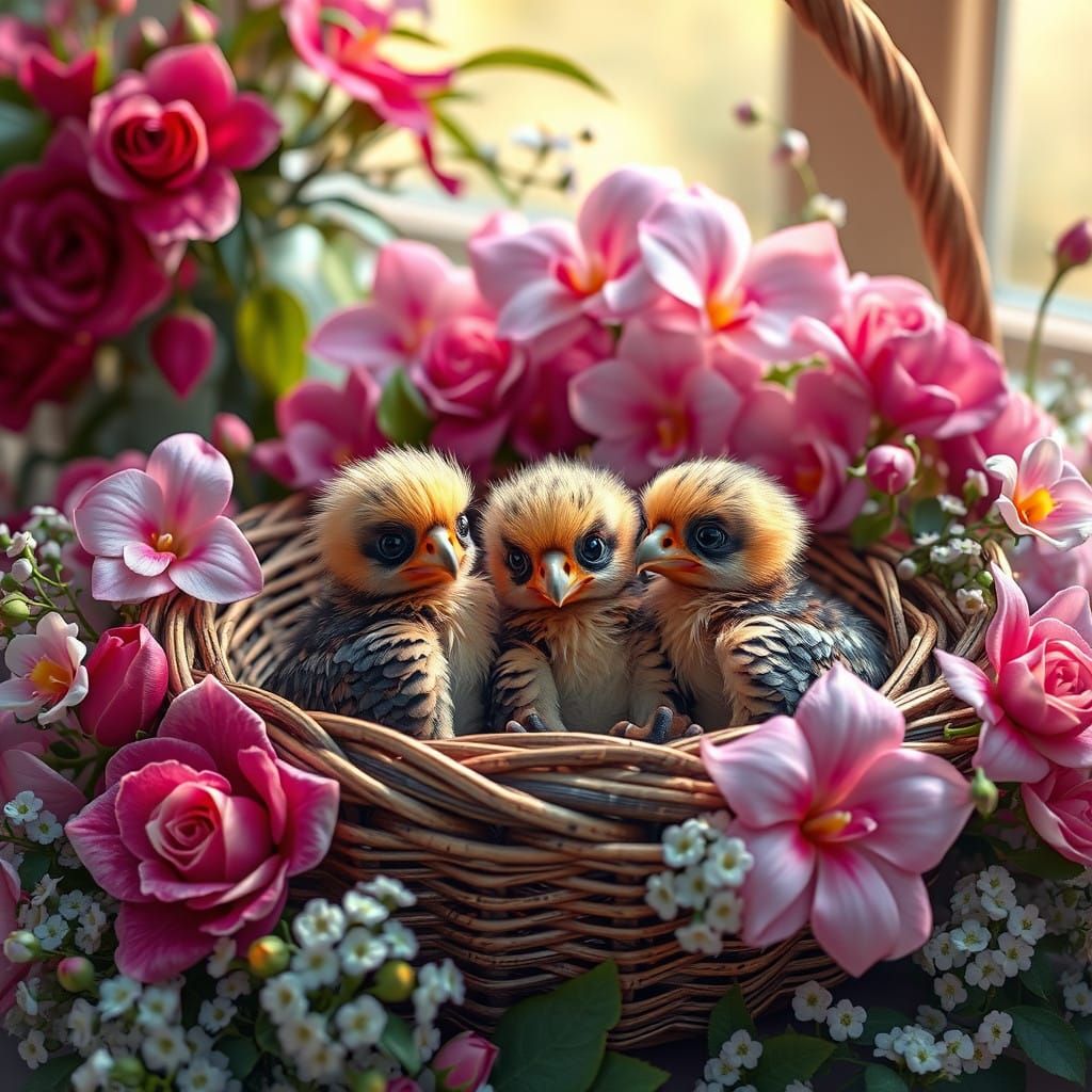 Golden Eagle Babies in Vibrant Floral Paradise