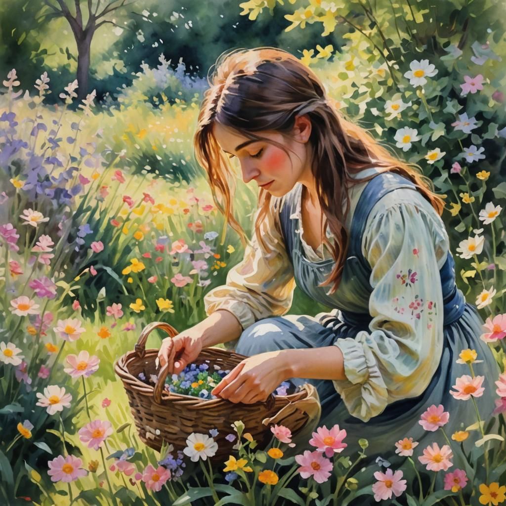 Girl Picking Flowers in Impressionist Garden