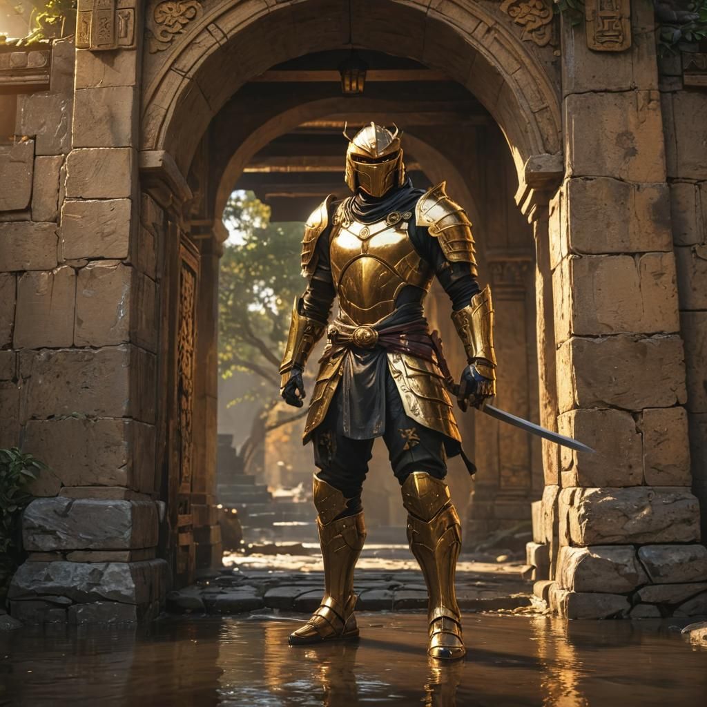 Golden Ninja Warrior in Shadowy Archway