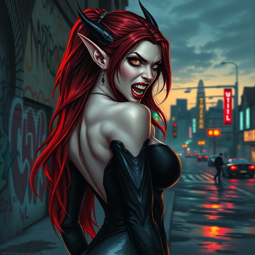 Vampire Elf Goddess in Black Latex Armor at Dusk