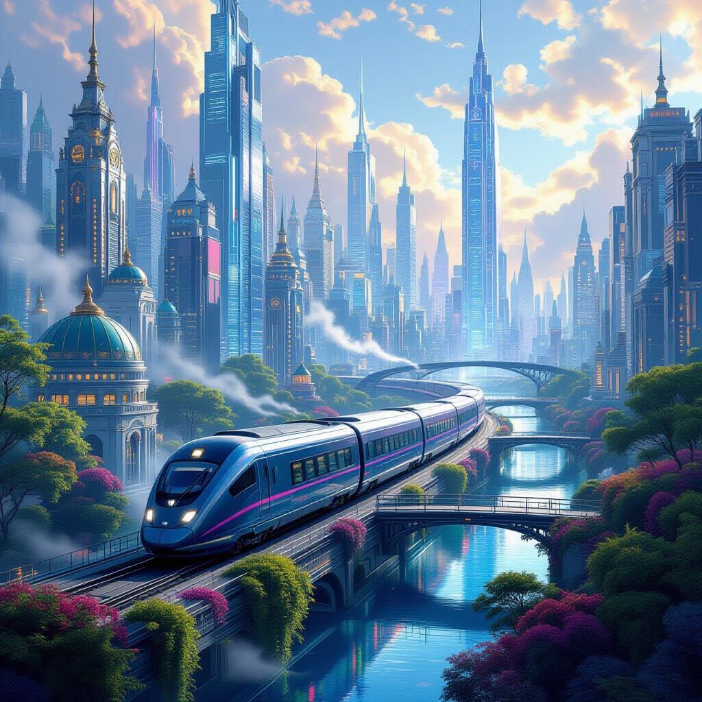 Futuristic Cityscape in Jewel Tones, Fantasy Art