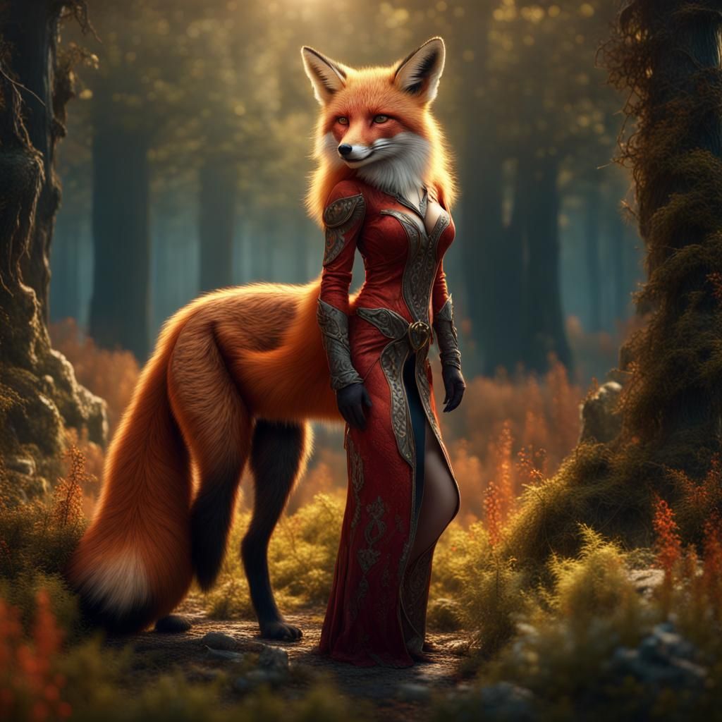 Fox-Woman in Forest Clearing: Fantasy Concept Art