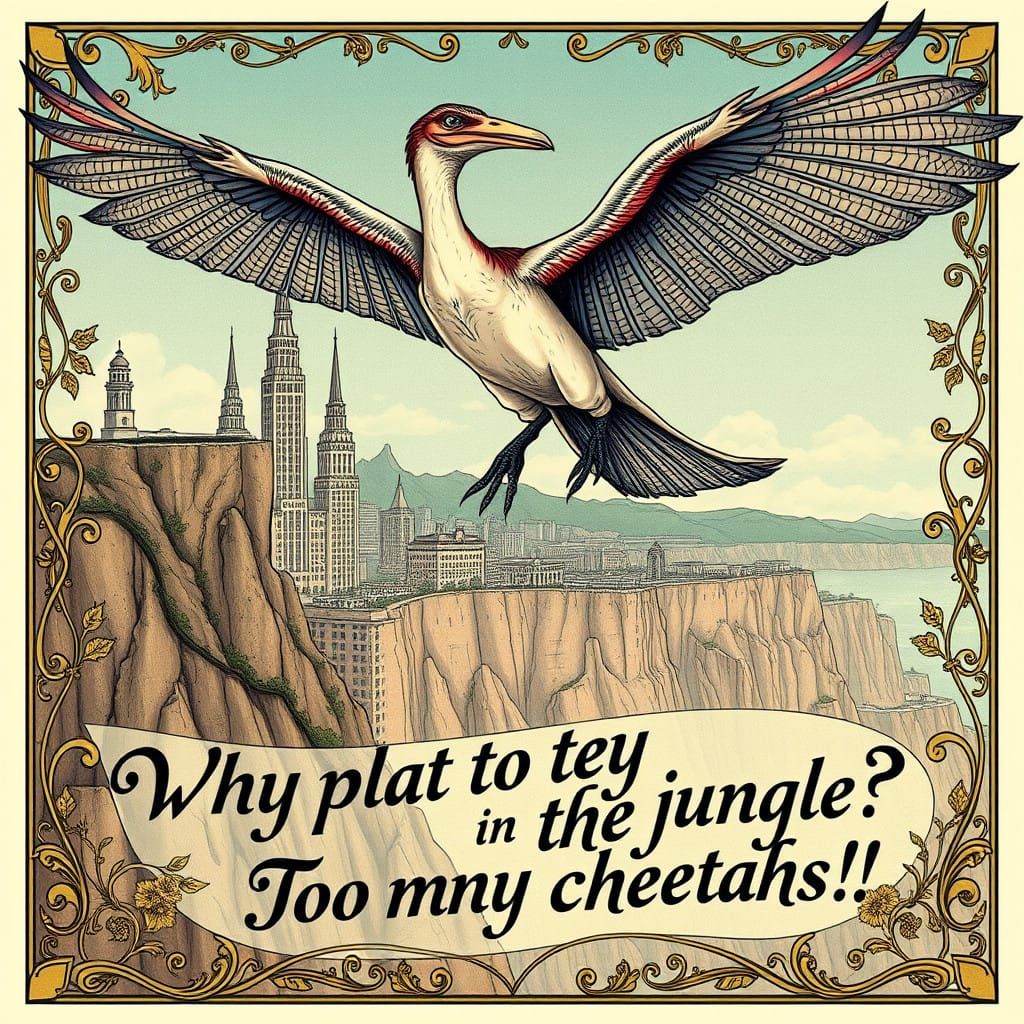 Ethereal Pterodactyl soars over Cliffside Metropolis in Art....