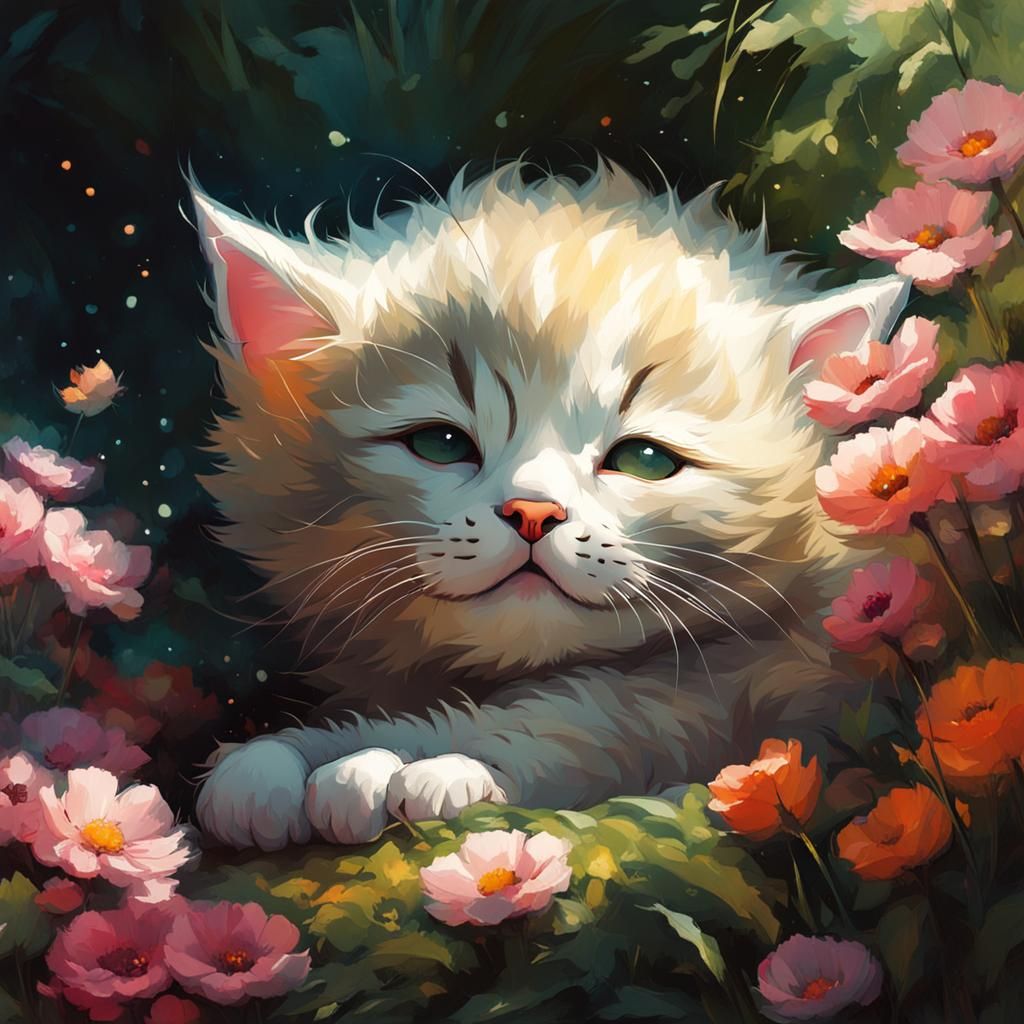 Kitten Cub Sleeping in Colorful Garden: Digital Art