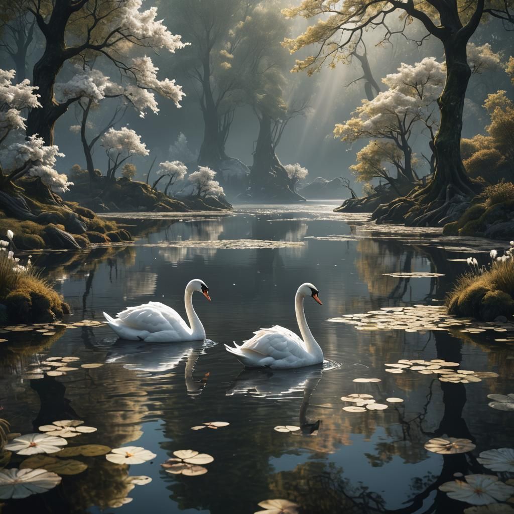Black and White Swans Reflected in Lake