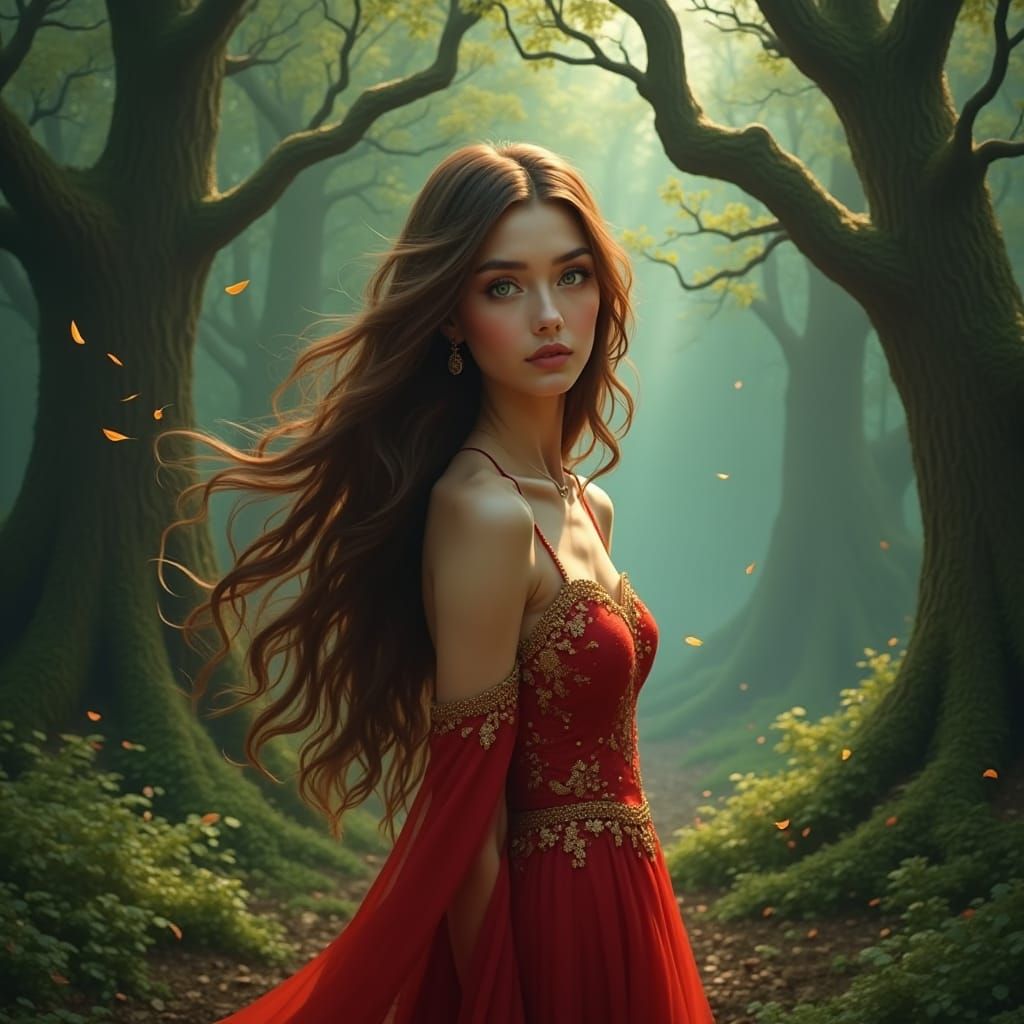 Mystical Forest Woman in Elegant Red Dress