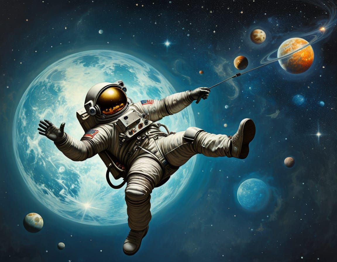 Astronaut in Cosmic Majesty, in a Dramatic Oil Painting Styl...