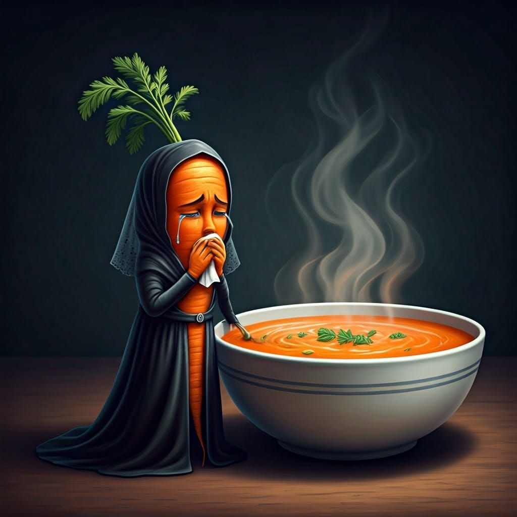 Sad Carrot Mourns Colossal Soup: A Pop Art Scene