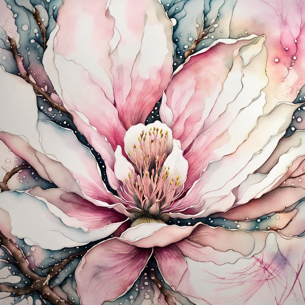 Delicate Magnolia Bloom in Watercolor Ink Splash Art