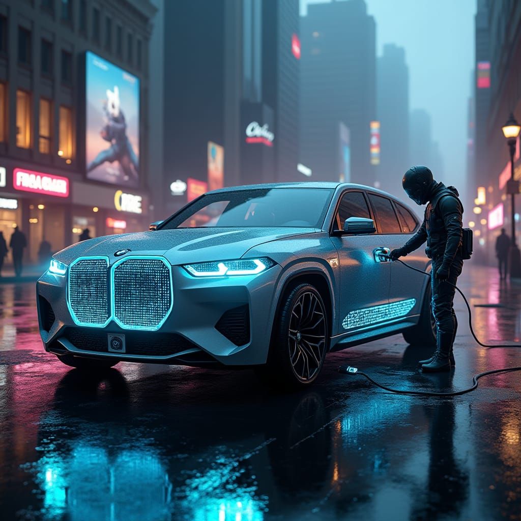 Futuristic BMW SUV with Gigantic Screen in Dystopian City