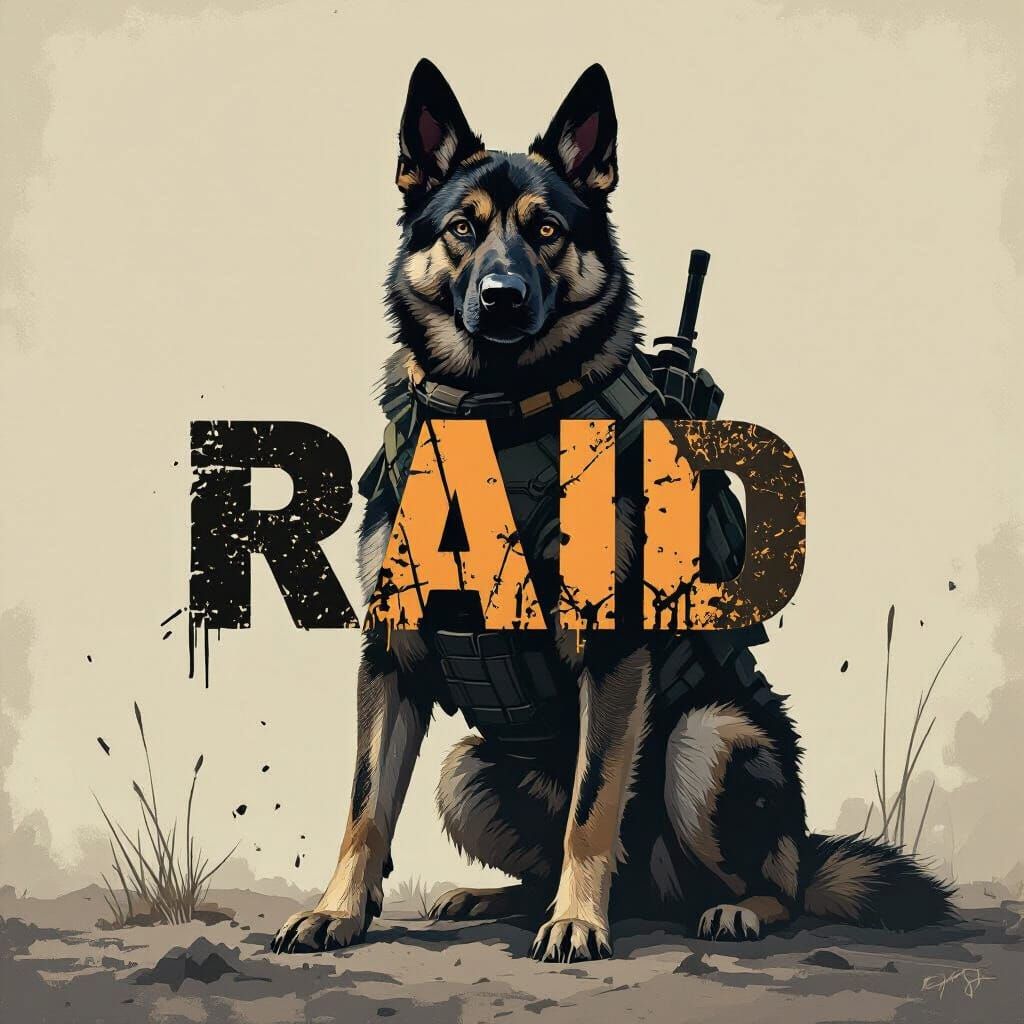 Heroic Military Dog with RAID Text, in Dark Style