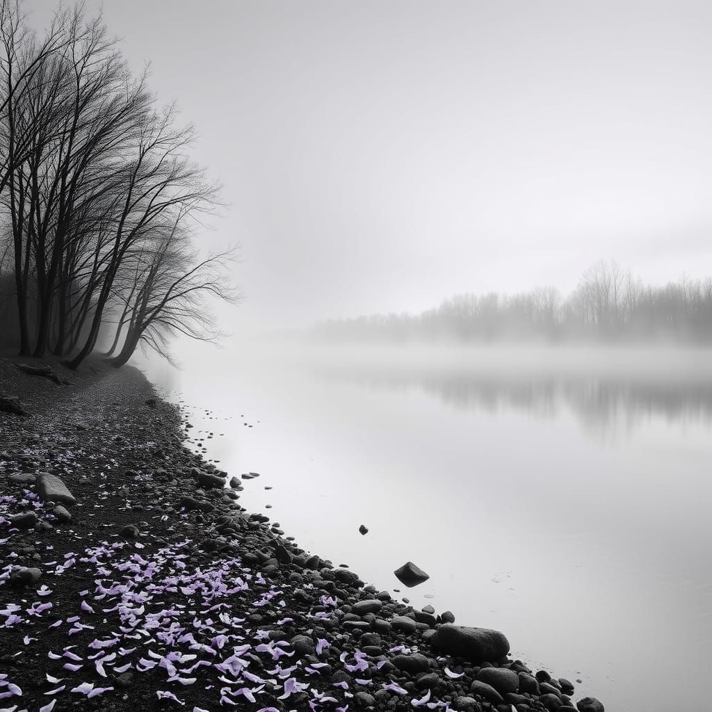 Monochrome Lake Landscape with Lilac Hues