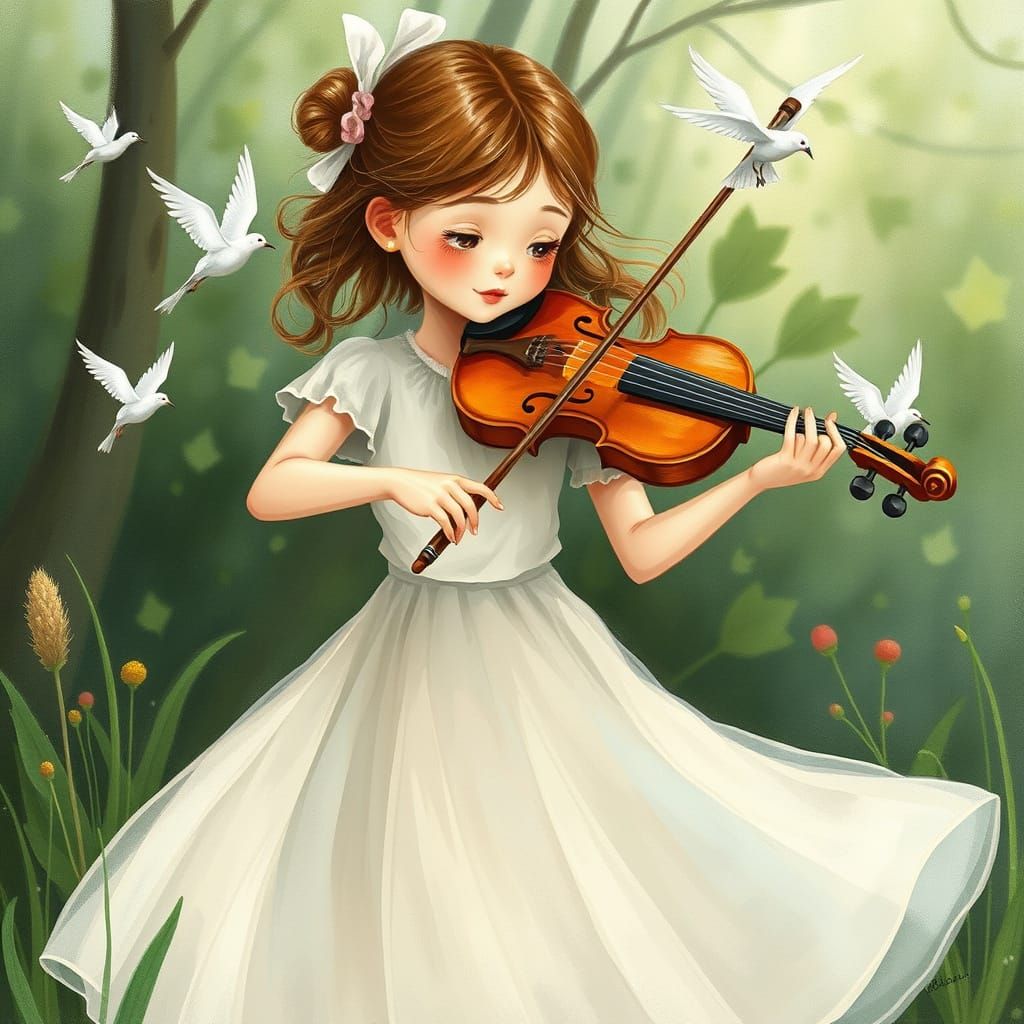 Girl's Violin Song: A Whimsical Watercolor Scene