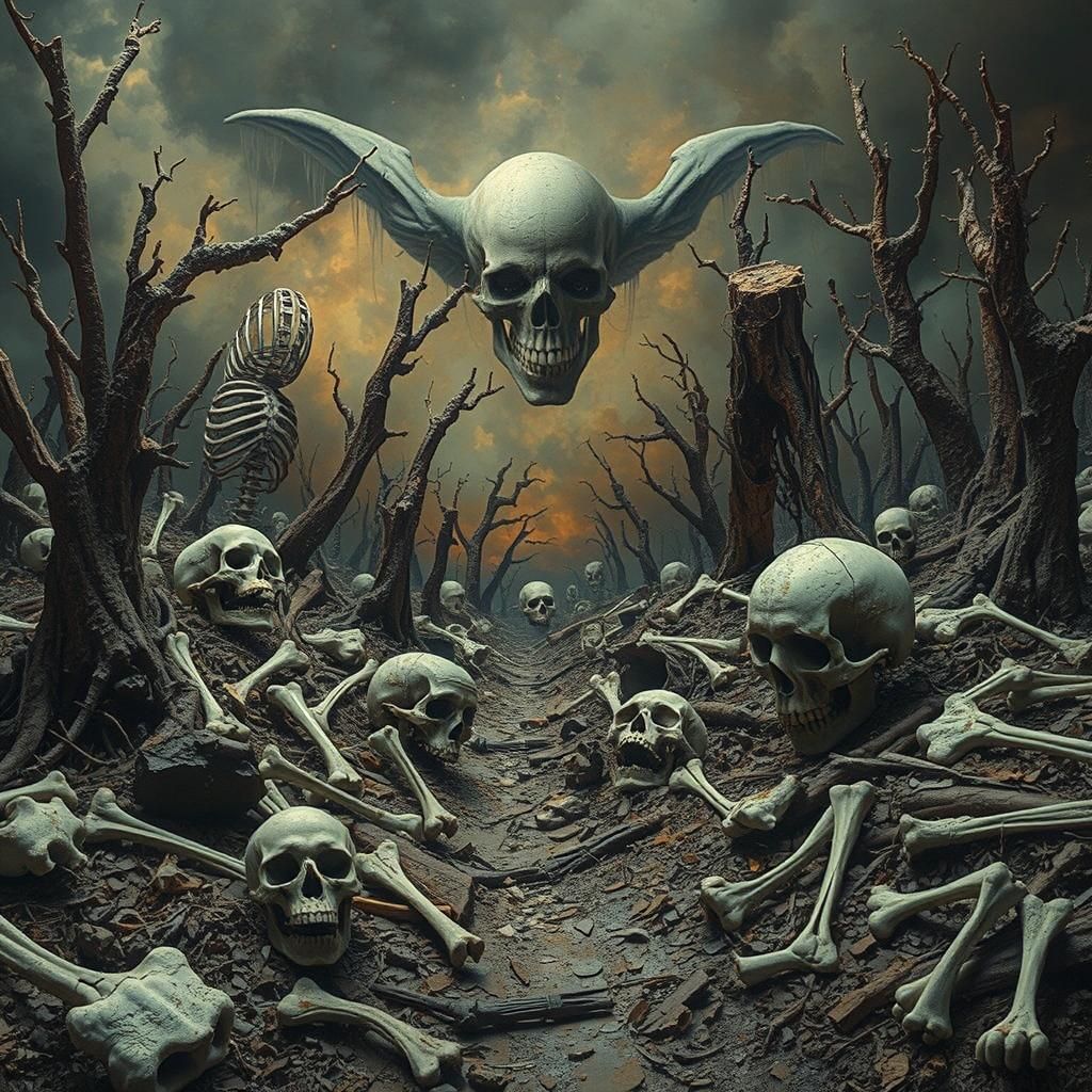 Surreal Horror Landscape of Bones and Decay