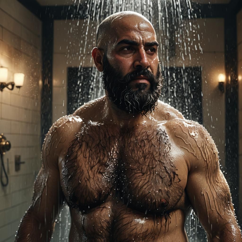 Lebanese Man Showering in Hyper-Realistic Digital Art