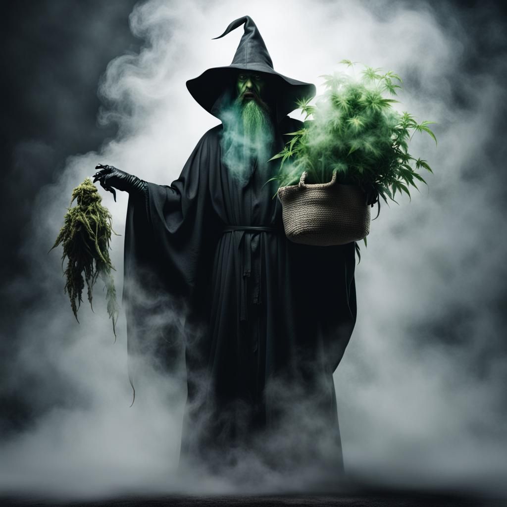 Ominous Dark Wizard Emerges with Bag of Weed
