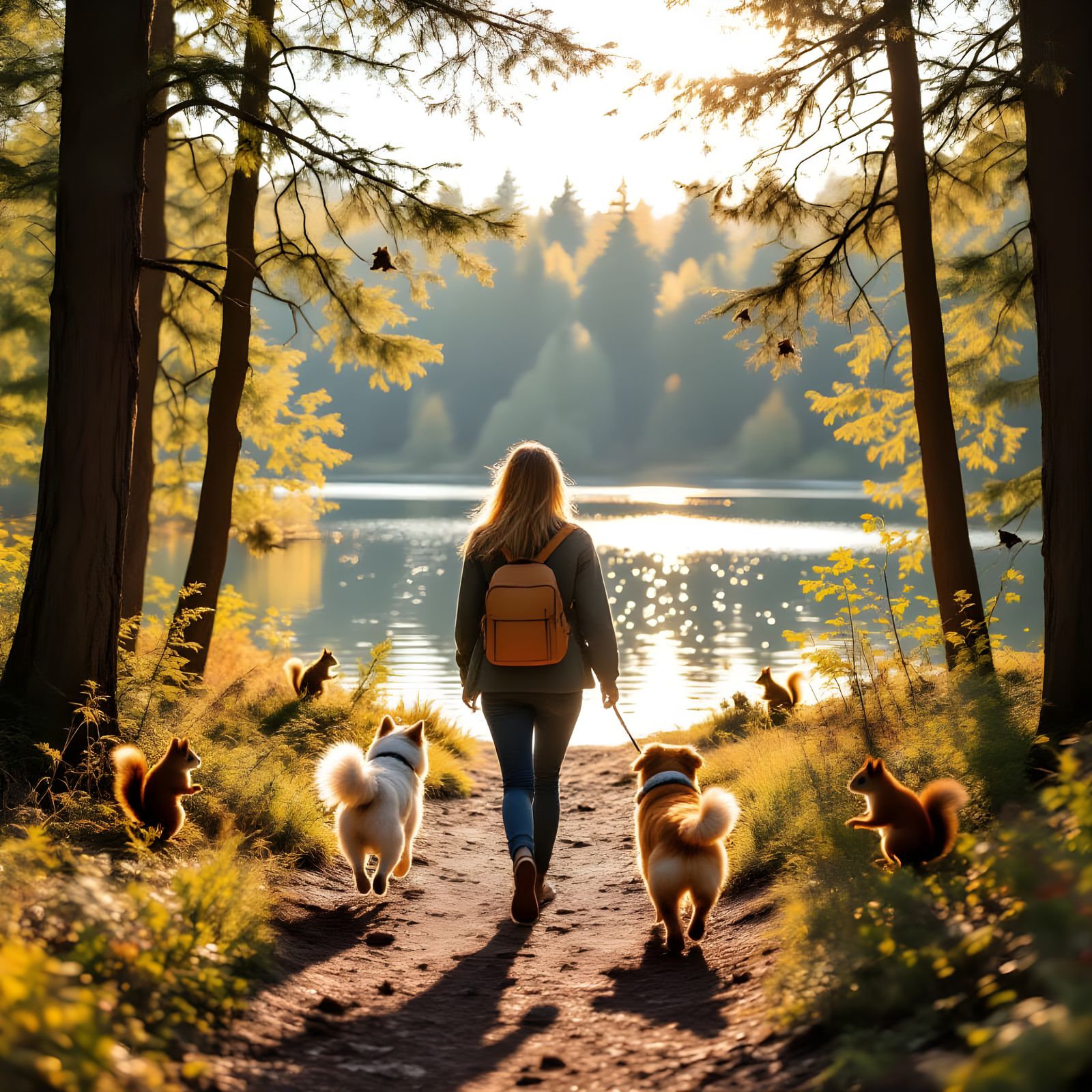 Golden Afternoon Walk Through Woods with Dog