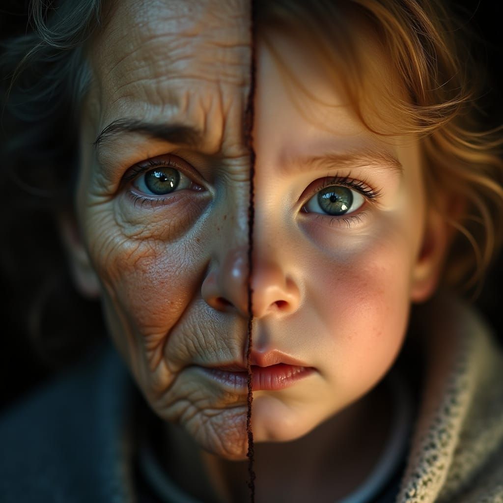 Elderly Woman and Baby Split Portrait in Vintage Film Style