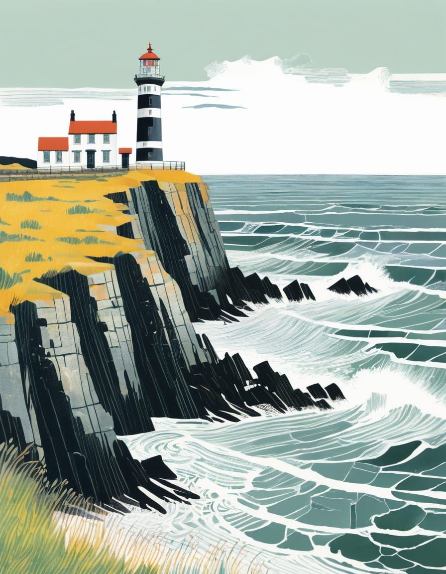 Lighthouse on Summer Cliff Overlooking Ocean