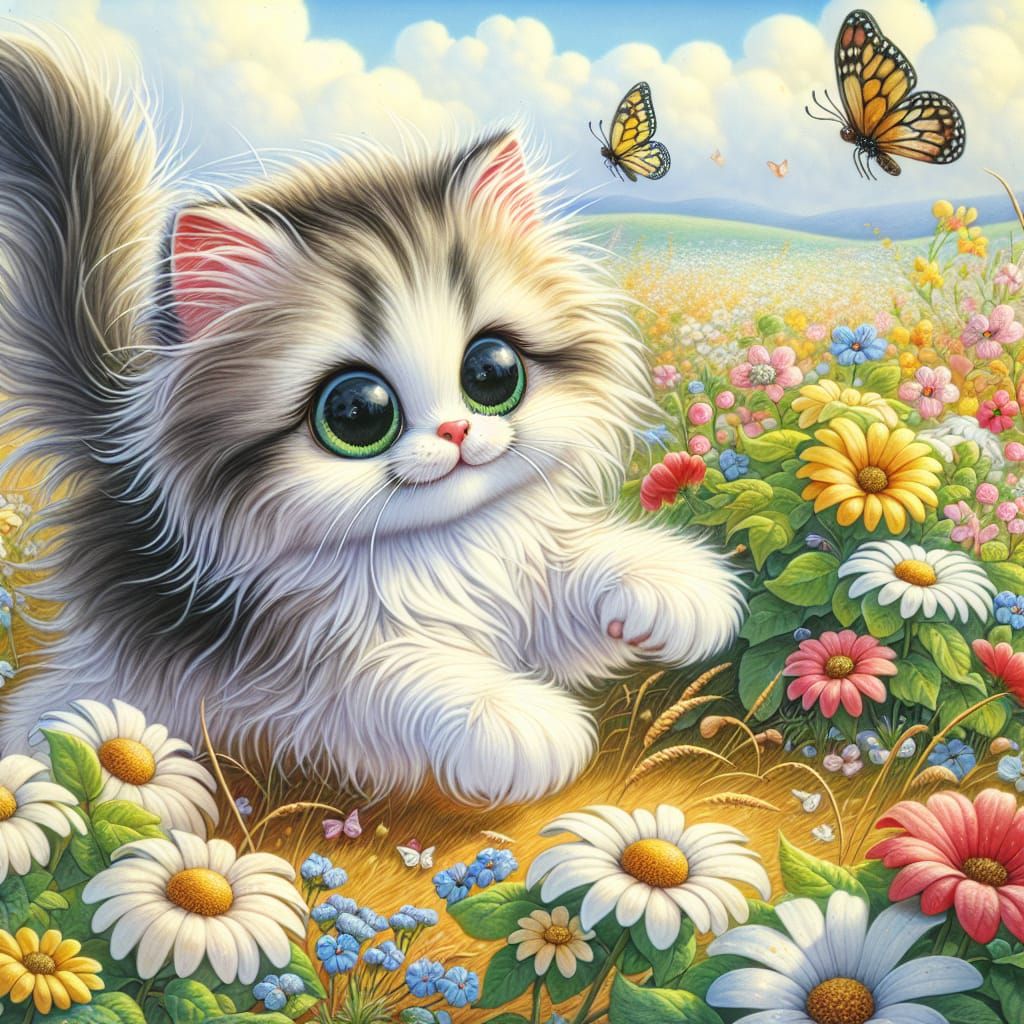 Whimsical Summer Wonderland with Tabby Kitten