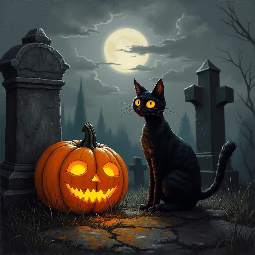 Ethereal Graveyard Scene in Tim Burton-Inspired Pop Art Styl...