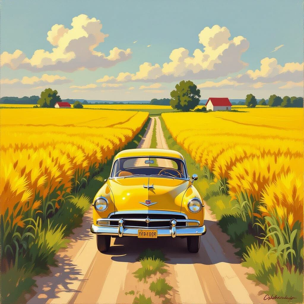 Vintage Yellow Car on Country Road in Impressionist Style