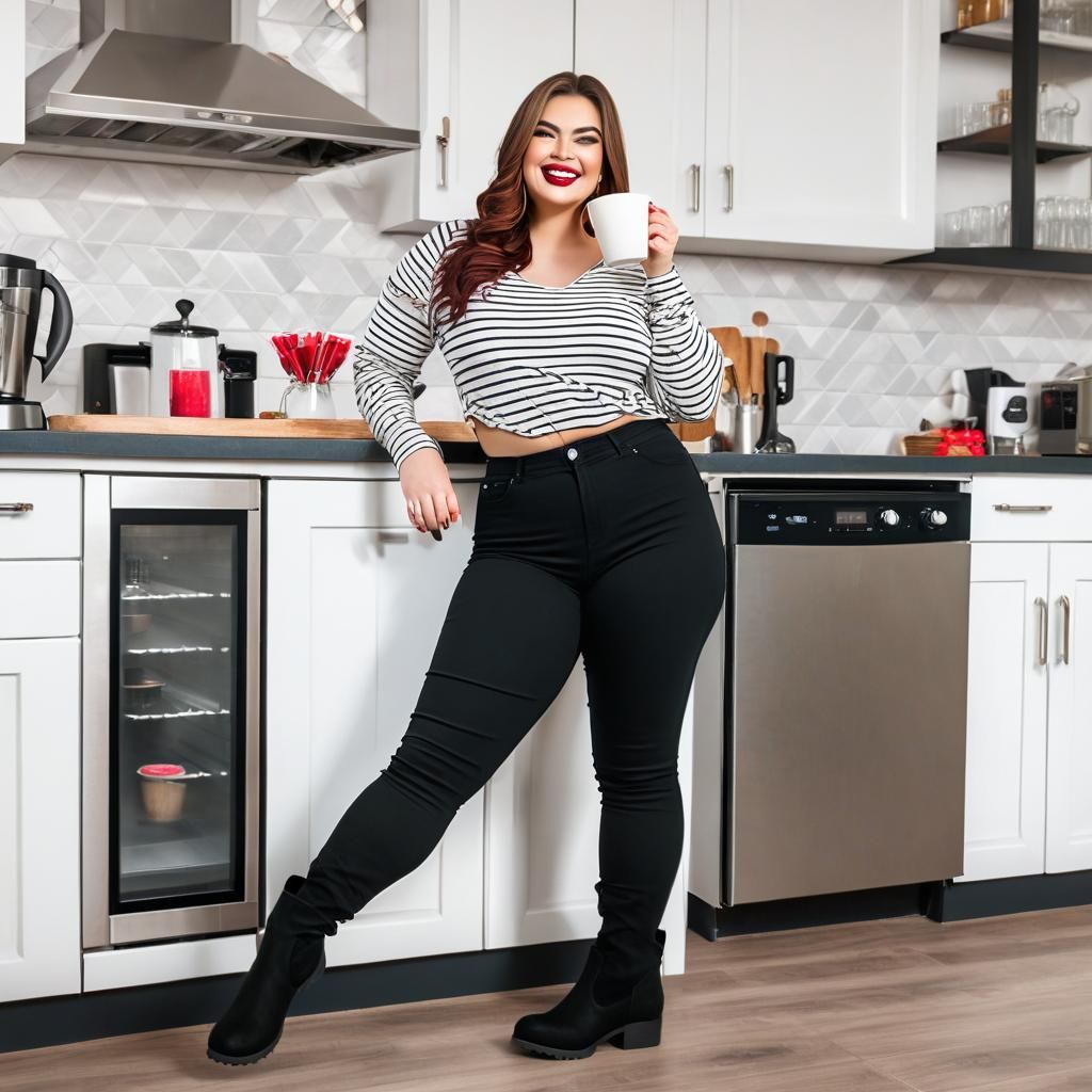 Woman Drinking Coffee in Elaborate Kitchen