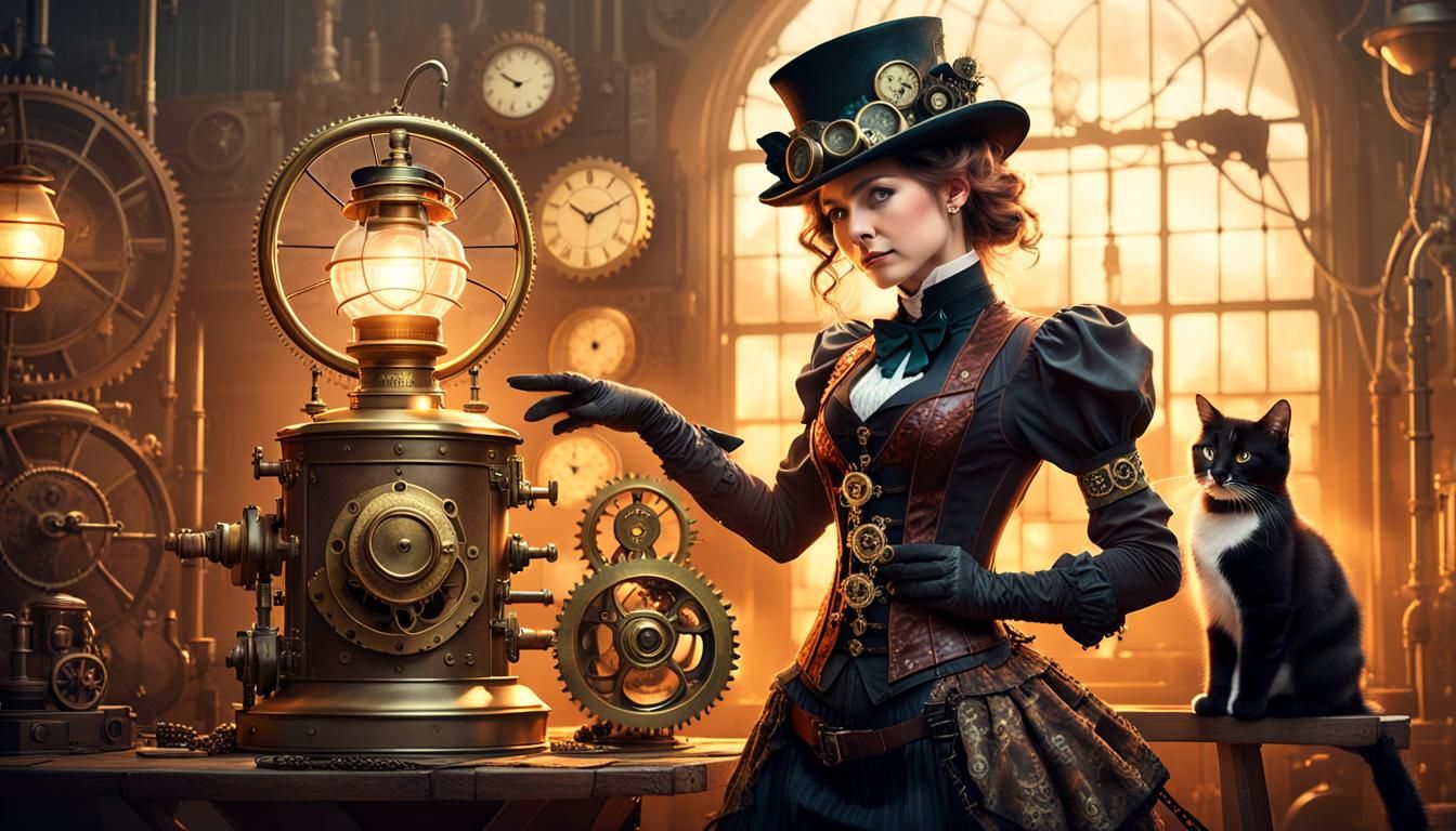 Steampunk Woman and Cat in Gaslight