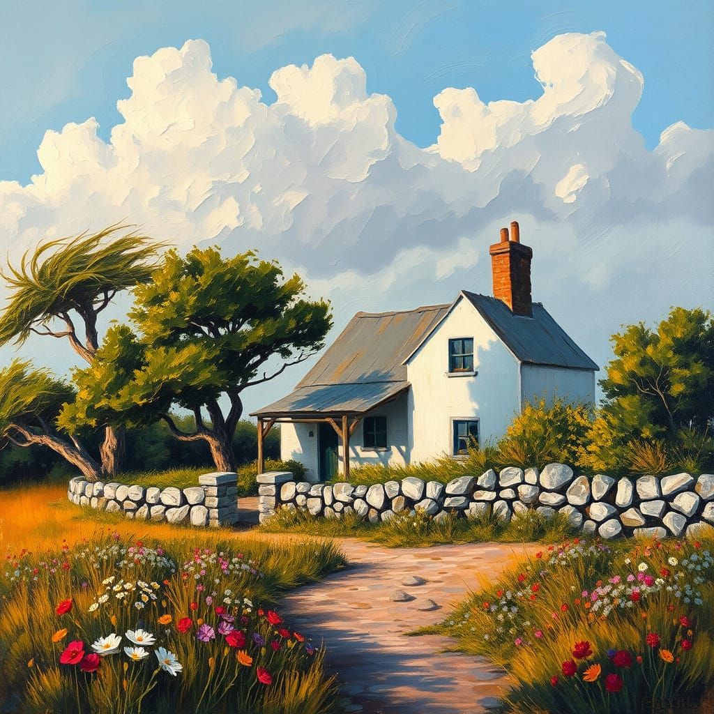 Impasto Coastal Cottage Landscape in Expressive Oil Painting...