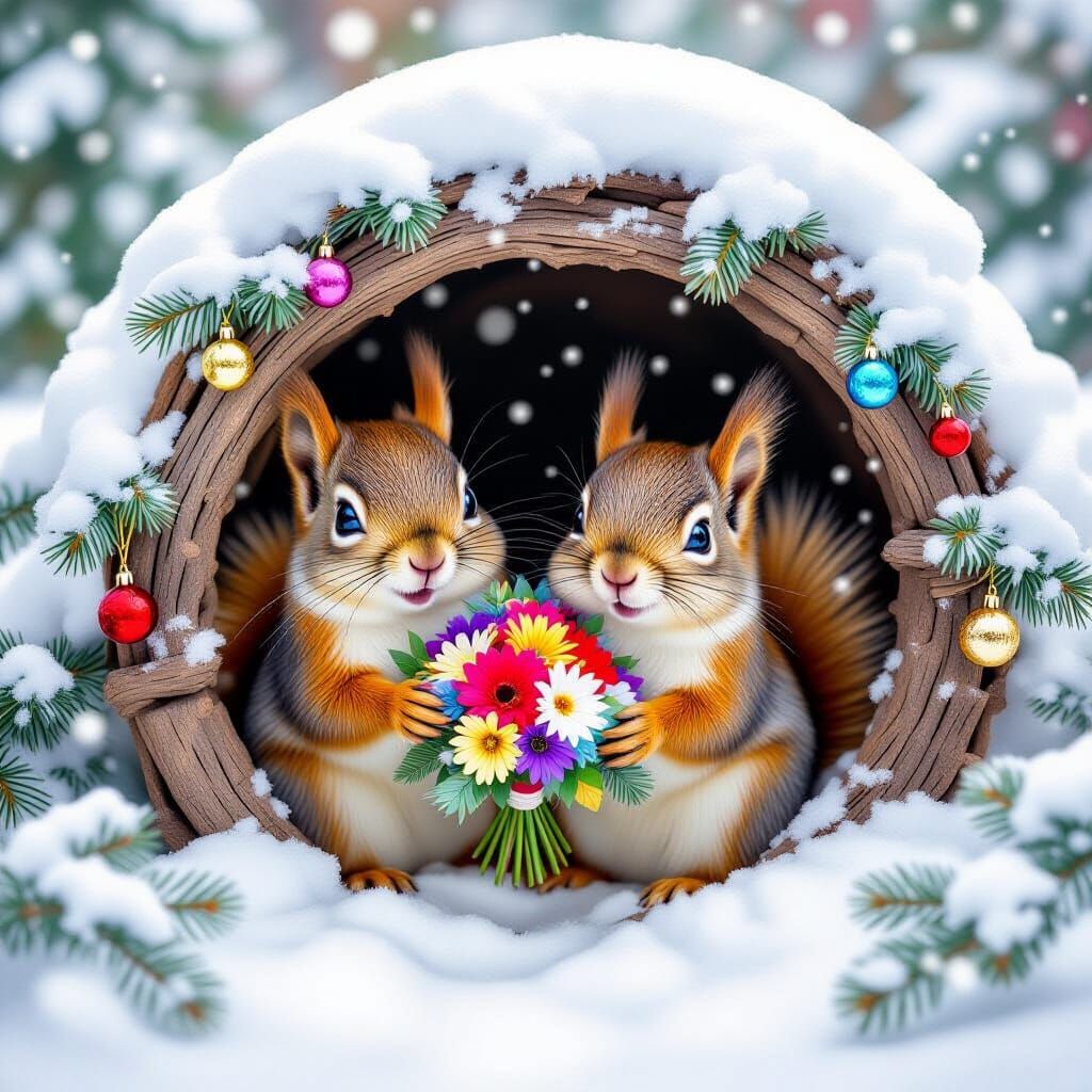 Cheerful Squirrels in Snowy Hollow, Cartoon Style