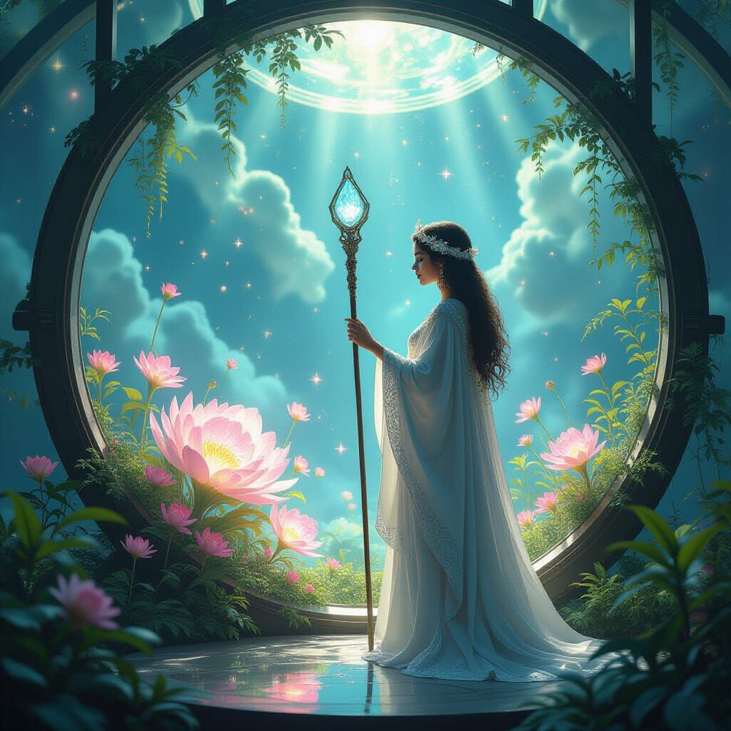 Celestial Botanist Tending Luminescent Alien Flora