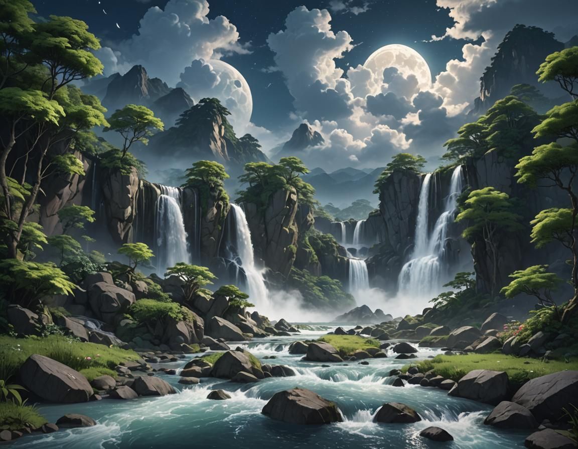 Mountain Waterfall River at Night in 3D Anime Art
