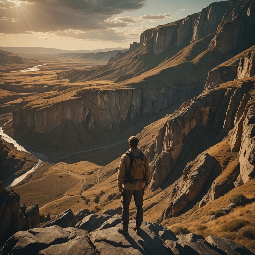 Heroic Figure Overlooking Rugged Landscape in Golden Light