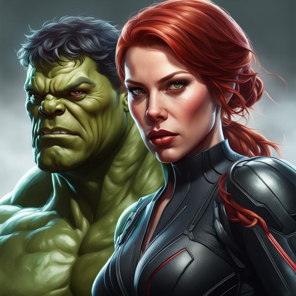 Black Widow and Hulk Portrait in Artstation Style