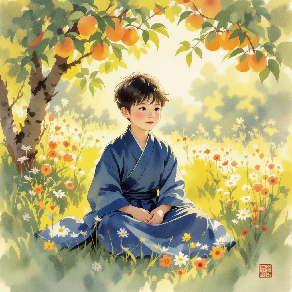 Chinese Boy in Apple Grove, Dreamlike Watercolor Style