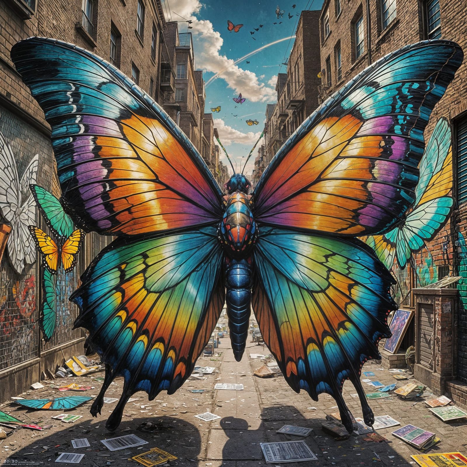 Dramatic Rainbow Butterfly in Hyperrealistic Ghetto Scene