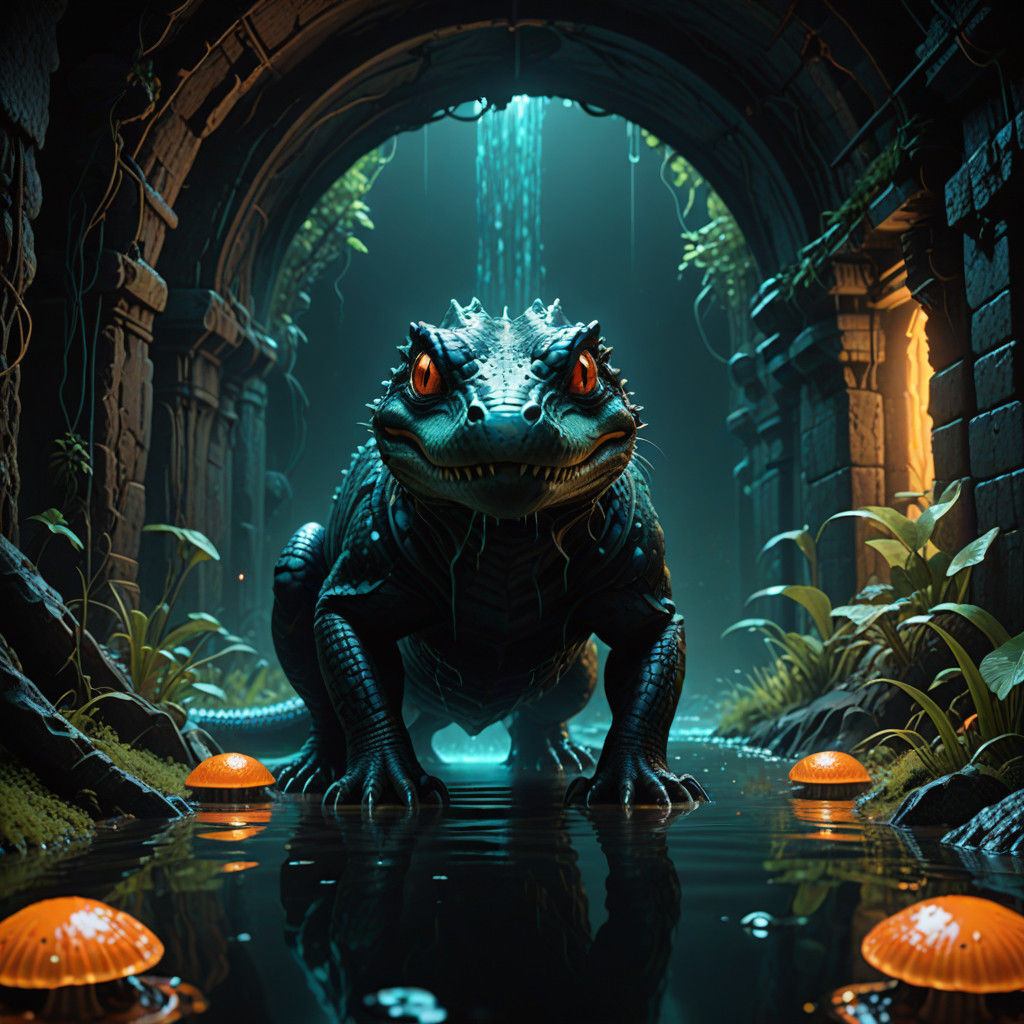 Cinematic Cat-Alligator in a Dimly Lit Sewer