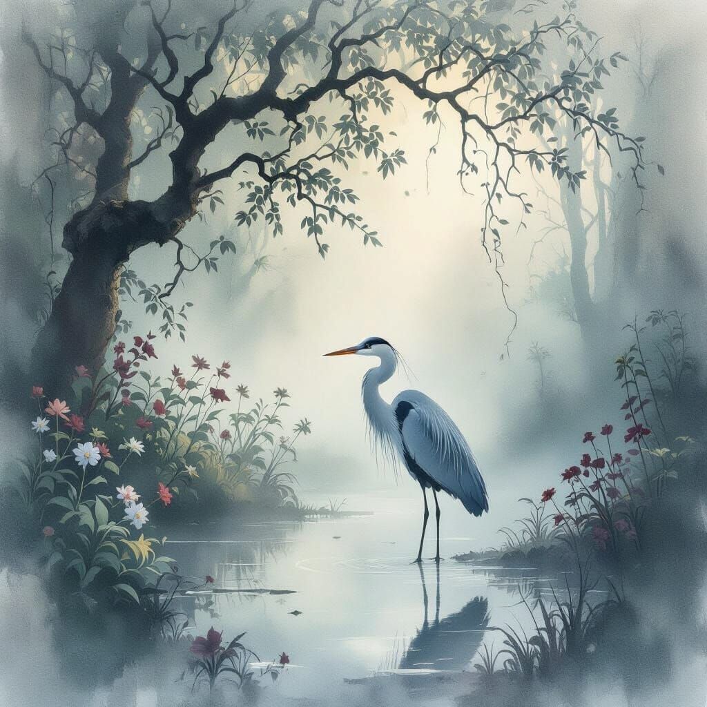 Surreal Heron in Misty Garden with Ethereal Light